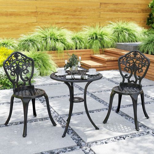 Outsunny 3 PCs Cast Aluminium Bistro Set w/ Parasol Hole for Balcony, Black