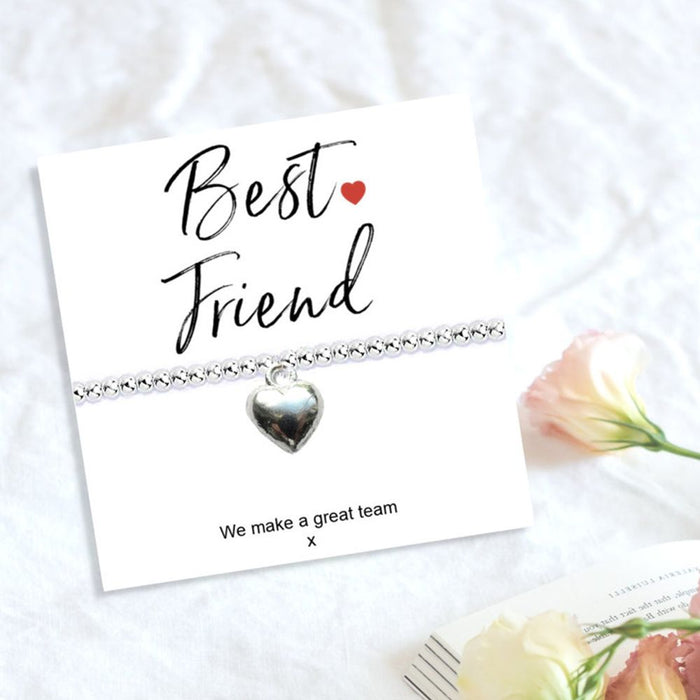 Best Friend Stretch Bracelet & Message Card - Silver Plated Beaded Charm - Birthday, Christmas Gift