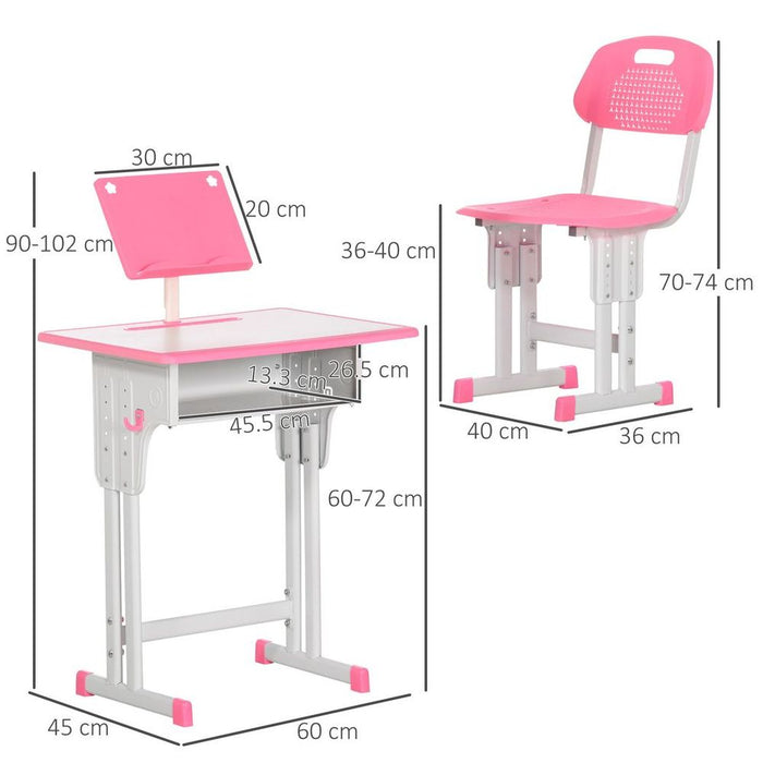 Kids Desk and Chair Set w/ Drawer, Book Stand, Cup Holder, Pen Slot, Pink