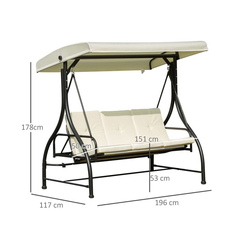 Outdoor Swing Chair - 185L*125D*173H cm - Beige/Black - Metal Frame - Canopy - Cushions - 3 Person Seating - High Load Capacity - Assembly Required