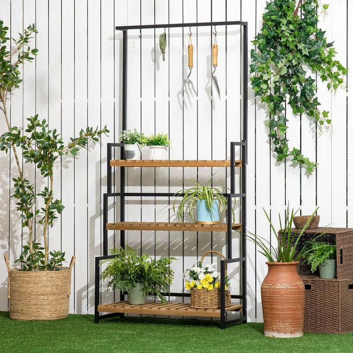 3-Tiered Plant Stand Rack | Hanging Hooks | Indoor Outdoor Decoration