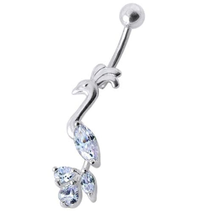 Fancy Jeweled Peafowl Dangling SS Bar Navel Ring Body Jewelry