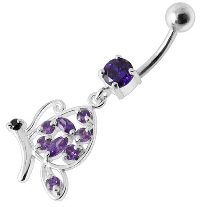 Fancy Butterfly Jeweled Silver Dangling Belly Ring