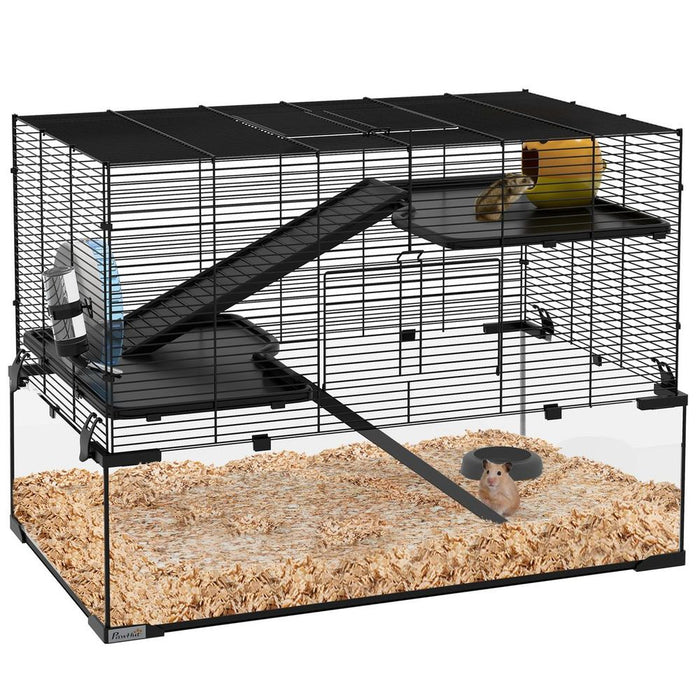 Spacious 3-Tier Hamster Cage w/ Glass Bottom & Essential Accessories - Shop Now!