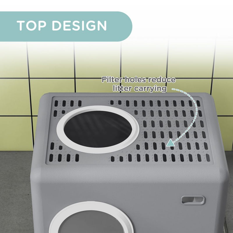 PawHut Enclosed Cat Litter Tray with Lid - Grey