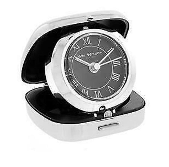 Premium Black Dial Alarm Clock by Wm Widdop - Chrome, Foldable, Cushion Shape