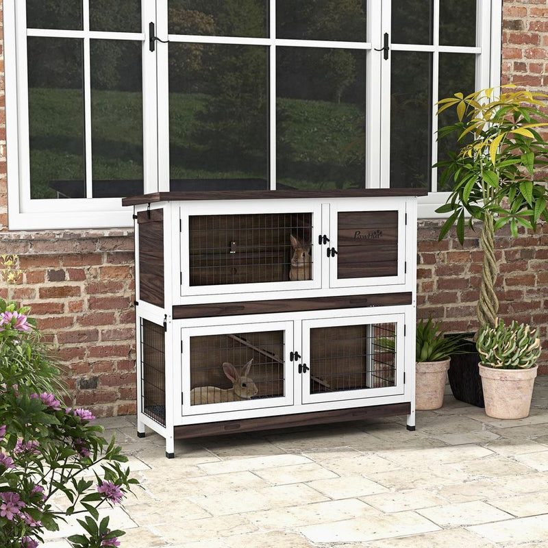PawHut 2-Tier Rabbit Hutch | Sliding Trays | Ramp | Openable Asphalt Roof