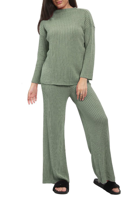 Ladies Chunky Knitted Ribbed Polo High Neck Top Leggings Loungewear Suit Set