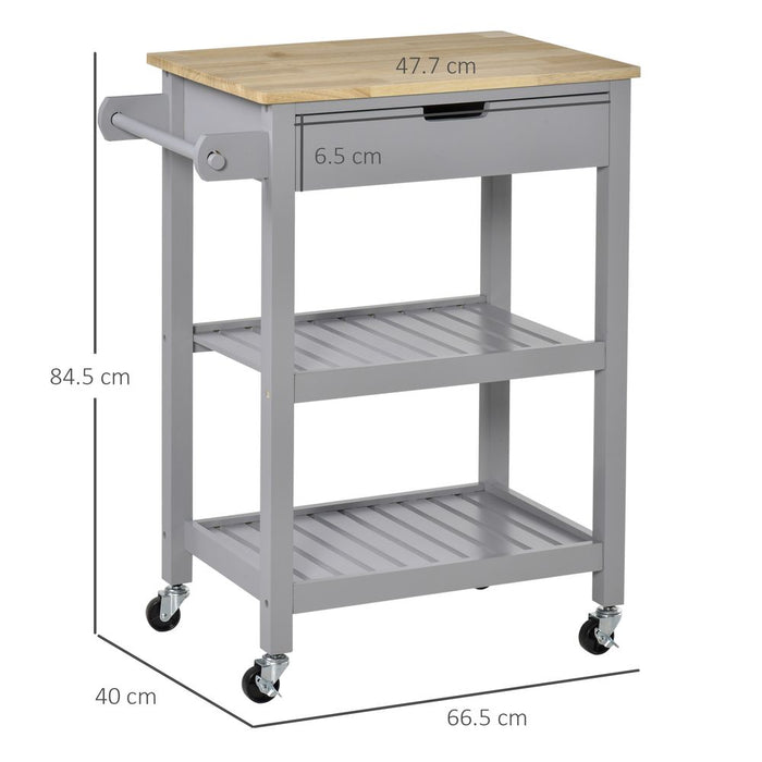 Kitchen Trolley Utility Cart on Wheels with Rubberwood Worktop Towel Rack