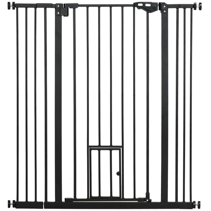 PawHut Extra Tall Dog Gate with Cat Door - Auto Close, Stairs, 74-101 cm Wide