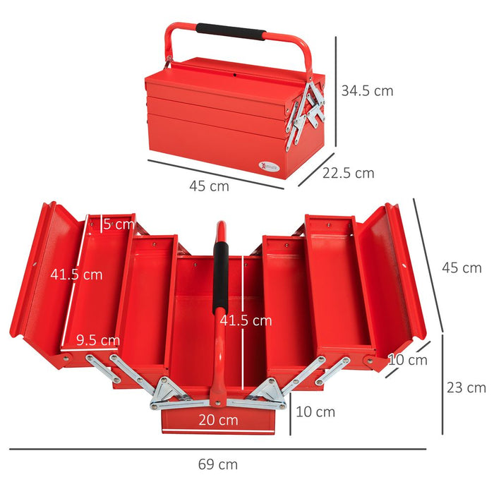 Metal Tool Box 3 Tier 5 Tray Professional Toolbox, 45x22.5x34.5cm, Red