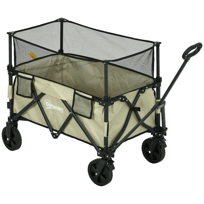 Outsunny 180L Folding Garden Trolley Wagon Cart | Extendable Side Walls | Steel Frame | Khaki