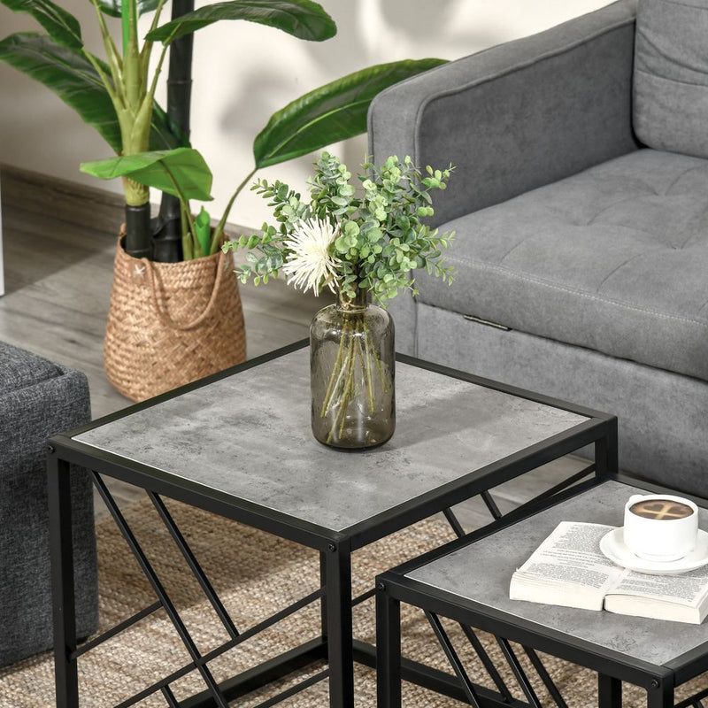 HOMCOM Nesting Coffee Tables, Set of 3 Square Side Tables with Black Metal Frame, for Living Room, Bedroom and Office, Grey