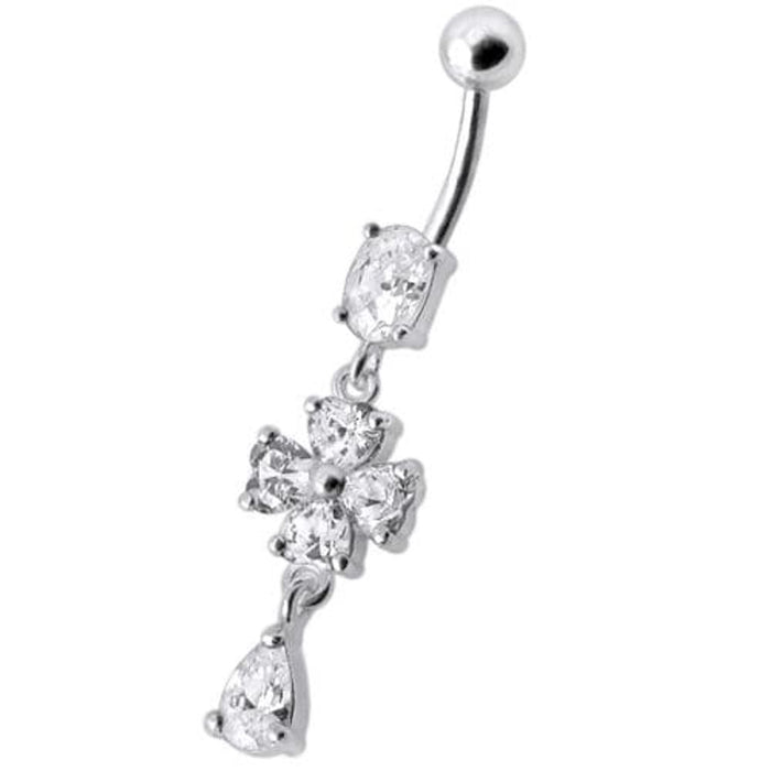 Silver Fancy  Flower Dangling Bdy Jewelry SS Bar Belly Ring