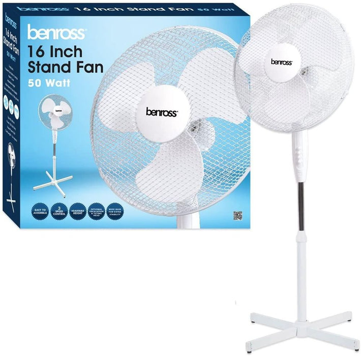 Benross 16" 3-Speed Stand Fan - Oscillating & Tilting Head - White