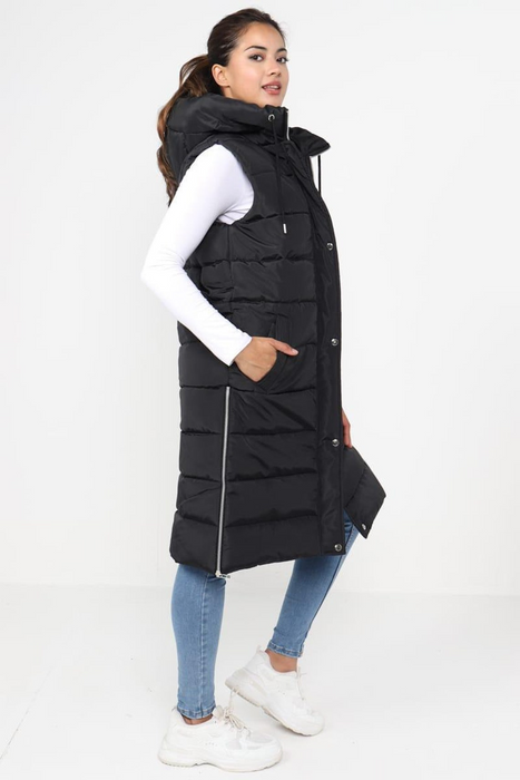 Ladies Girls Long Hooded Puffer Warm Padded Sleeveless Gilet Bodywarmer Zipper