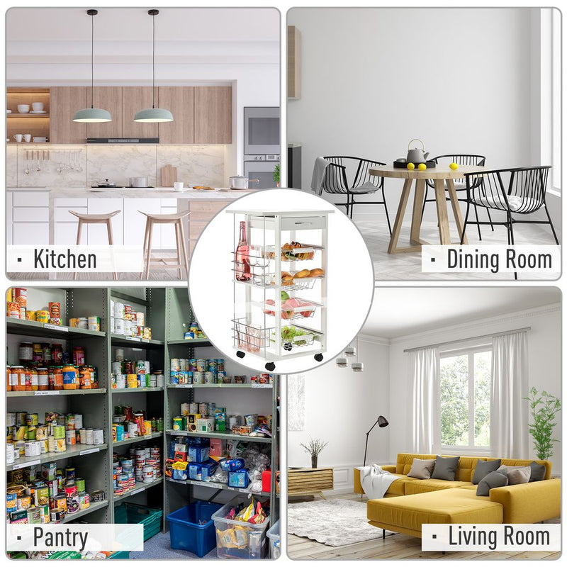 Compact White Kitchen Island Trolley - Multifunctional Storage Cart with Metal Baskets & Wheels