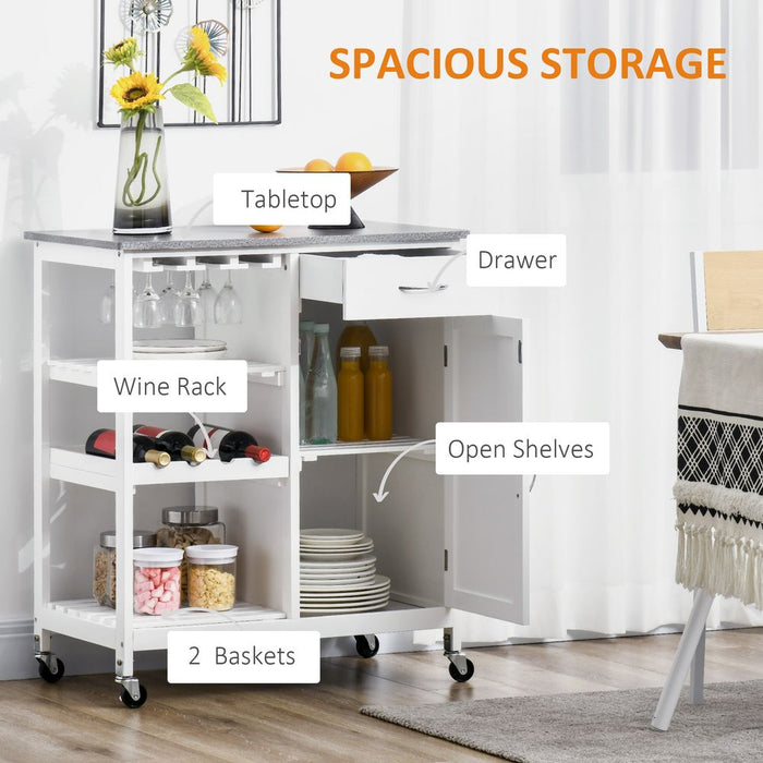 Kitchen Trolley Utility Cart on Wheels with Wine Rack, Drawer, Open Shelf White