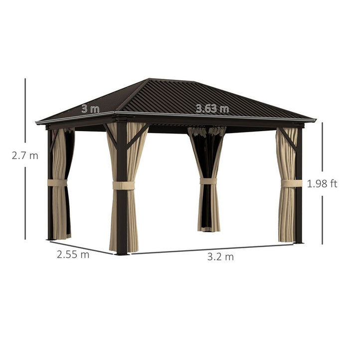 Outsunny 3.6 x 3(m) Metal Backyard Hardtop Gazebo with Screened Curtain Brown