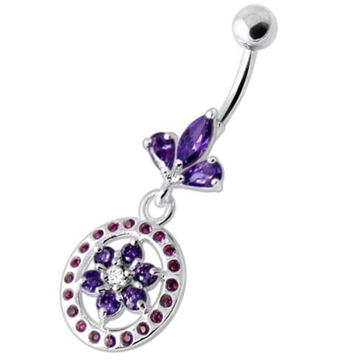 Flower in multi Jeweled Round Frame Navel Bar