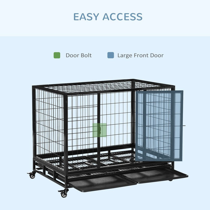 PawHut 43" Heavy Duty Metal Dog Kennel Pet Cage with Crate Tray and Wheels - Black (Large)