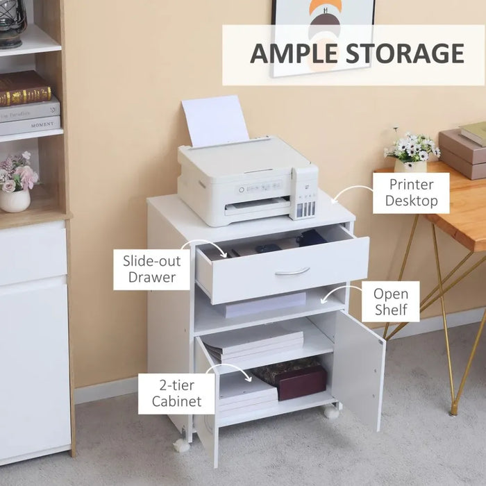 Rolling Printer Stand Vertical File Cabinet w/ Drawer Double Door Cabinet White