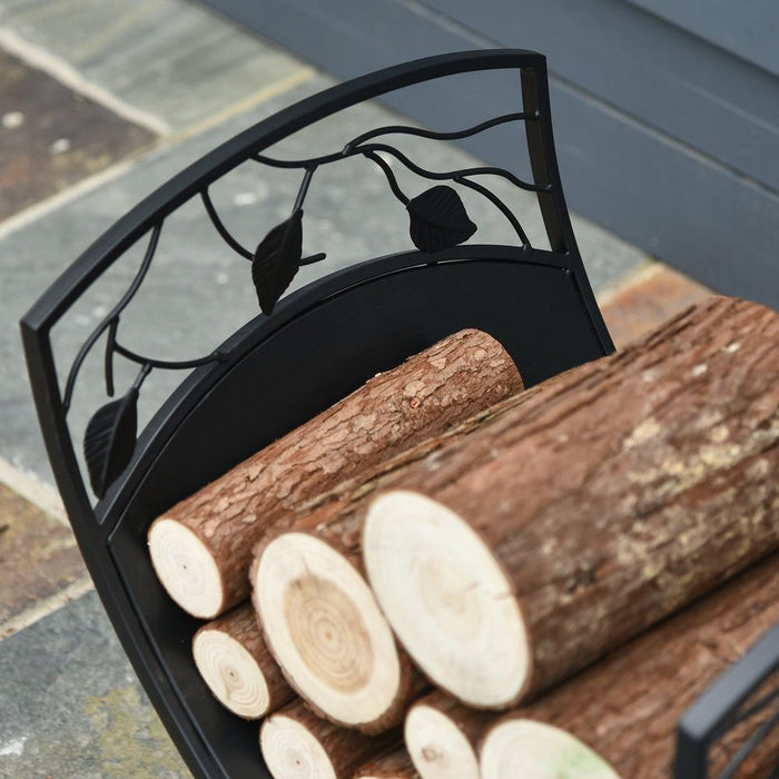 Iron Folding Arced Firewood Log Holder w/ Leaf Scroll Panels Stacker Black