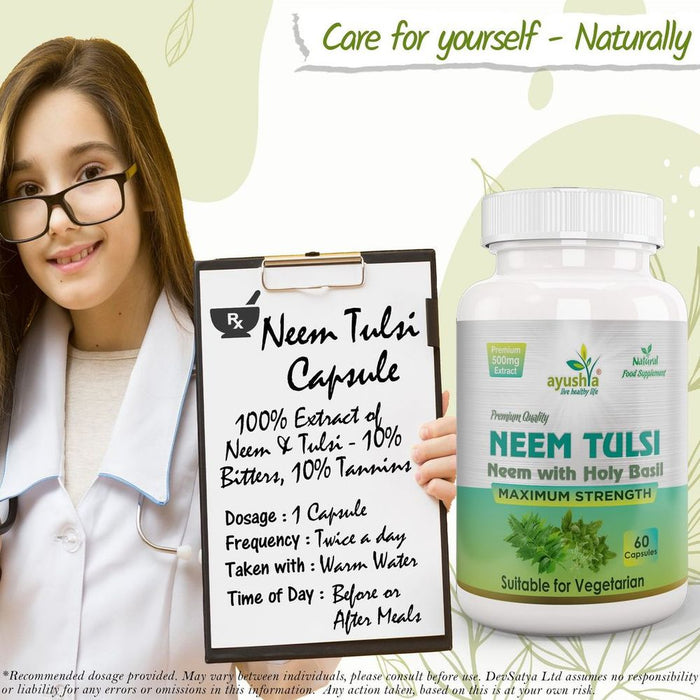 Pure Neem Tulsi Capsules- Traditional, Sacred, Top Quality | Holy Basil, Ayurveda