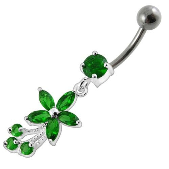 Fancy Flower With Stone Dangling SS Curved Belly Ring