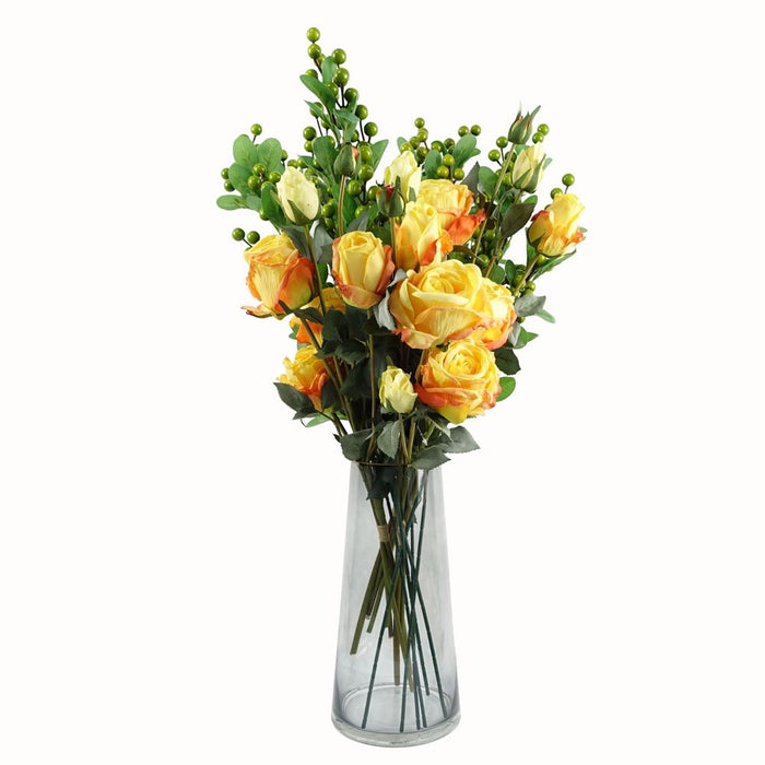 High-Quality 60cm Yellow Rose Artificial Flowers with Glass Vase