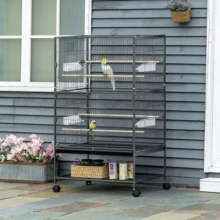 Bird Cage Aviary for Budgies Canaries w/ Rolling Stand Slide-Out Tray, Grey