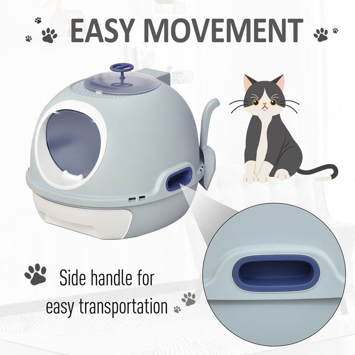 PawHut Cat Litter Box Toilet with Litter Scoop Enclosed Drawer, Front Entry Top Exit, Easy To Clean Blue