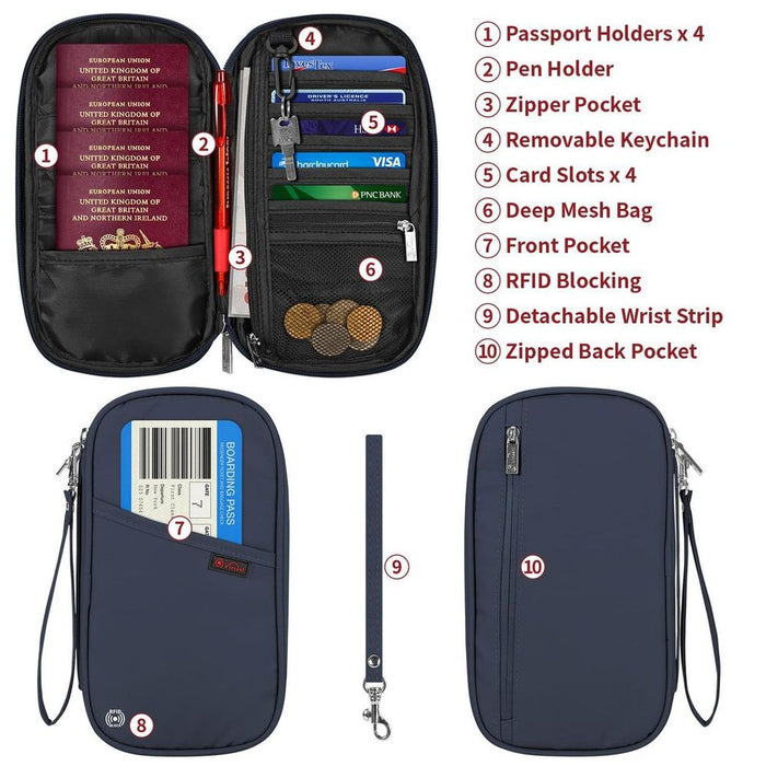 VINSANI Deluxe Passport Org - Navy Blue - RFID Protected - Multifunctional Travel Wallet - Ideal Gift