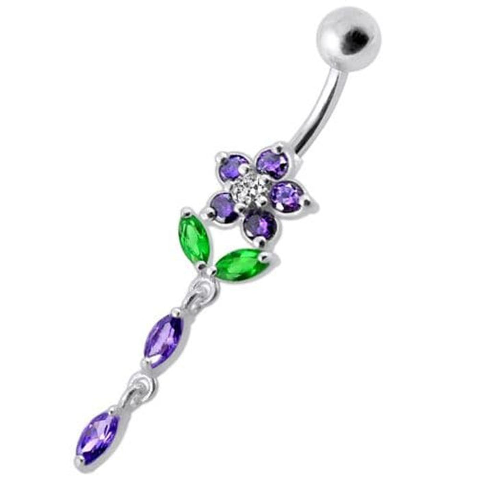 Fancy Jeweled Flower Dangling Banana Bar Navel Ring