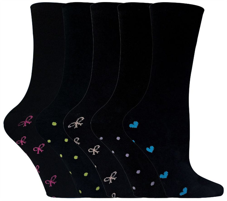 5 Pairs Ladies Heart & Bow Patterned Sole Socks