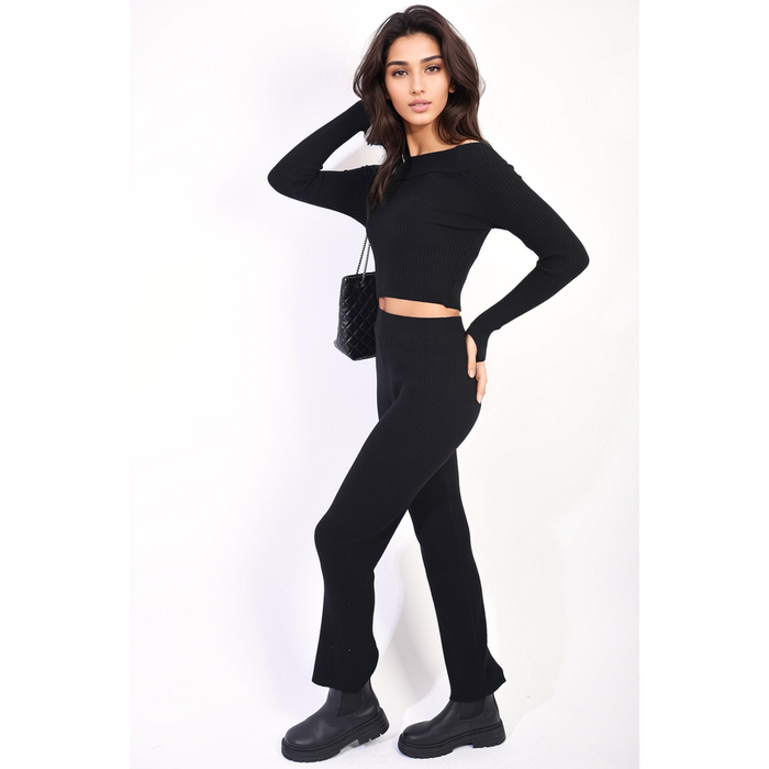 Knitted Long Sleeves Cropped Off Shoulder Top and Trousers Co-ord Set