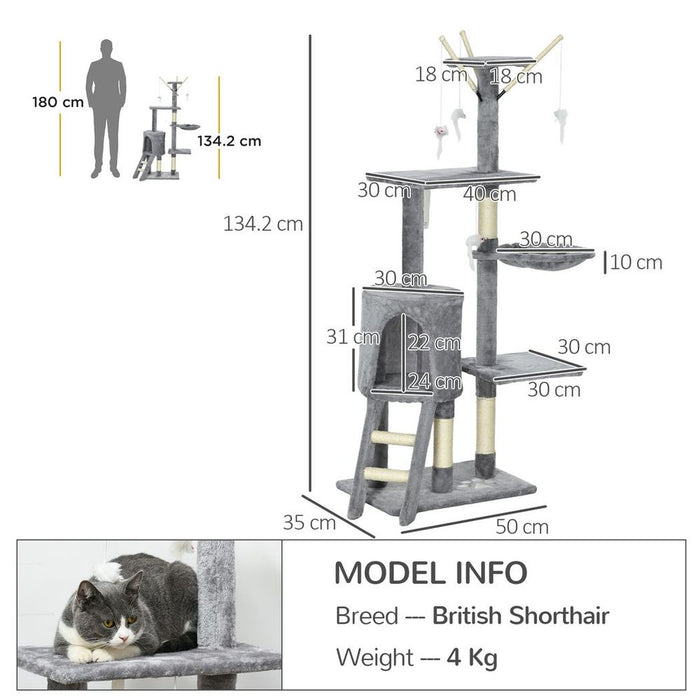 PawHut Cat Tree - 5-tier Grey, Kitty Scratching Post, Toys, High-Quality