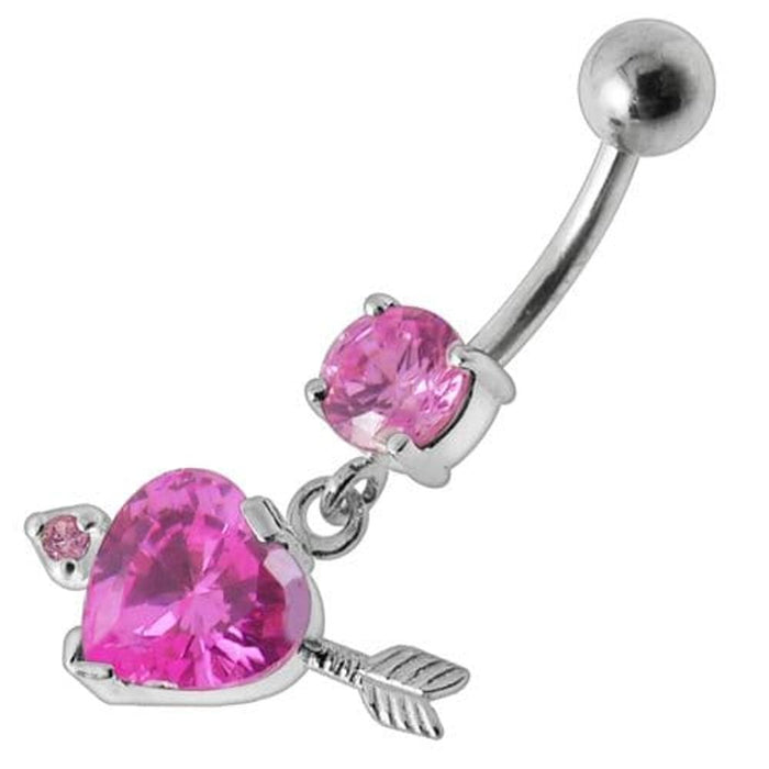 Fancy Jeweled Arrow Heart Dangling Banana Bar Belly Ring