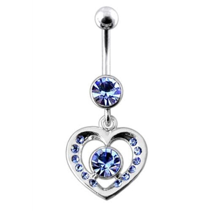 Fancy Jeweled Heart And Centered Stone Dangling Belly Ring Body Jewelry