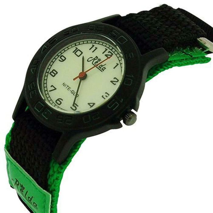 Relda Kids Nite-Glo Quartz Watch - Luminous Dial, Velcro Strap, Boys - Green & Black - REL55