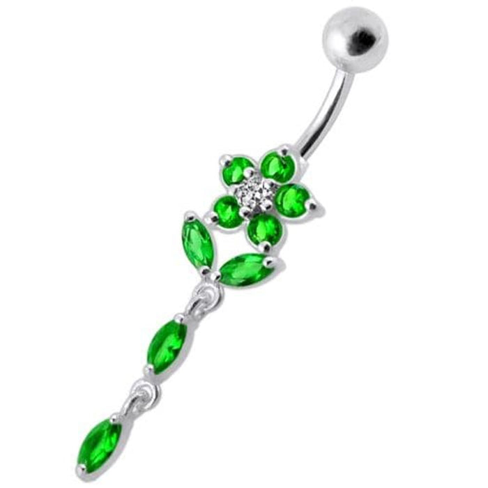 Fancy Jeweled Flower Dangling Banana Bar Navel Ring