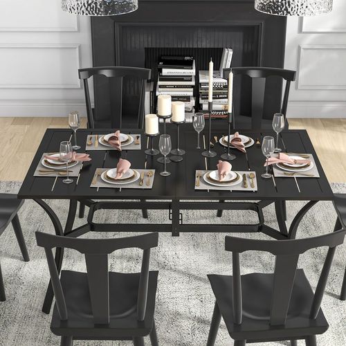 Outsunny Garden Dining Table with Steel Frame and Slatted Top for Balcony Black