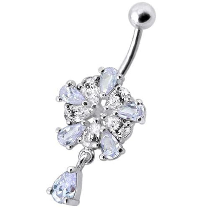 Jeweled Fancy Silver Flower Dangling Banana Bar Navel Belly Ring