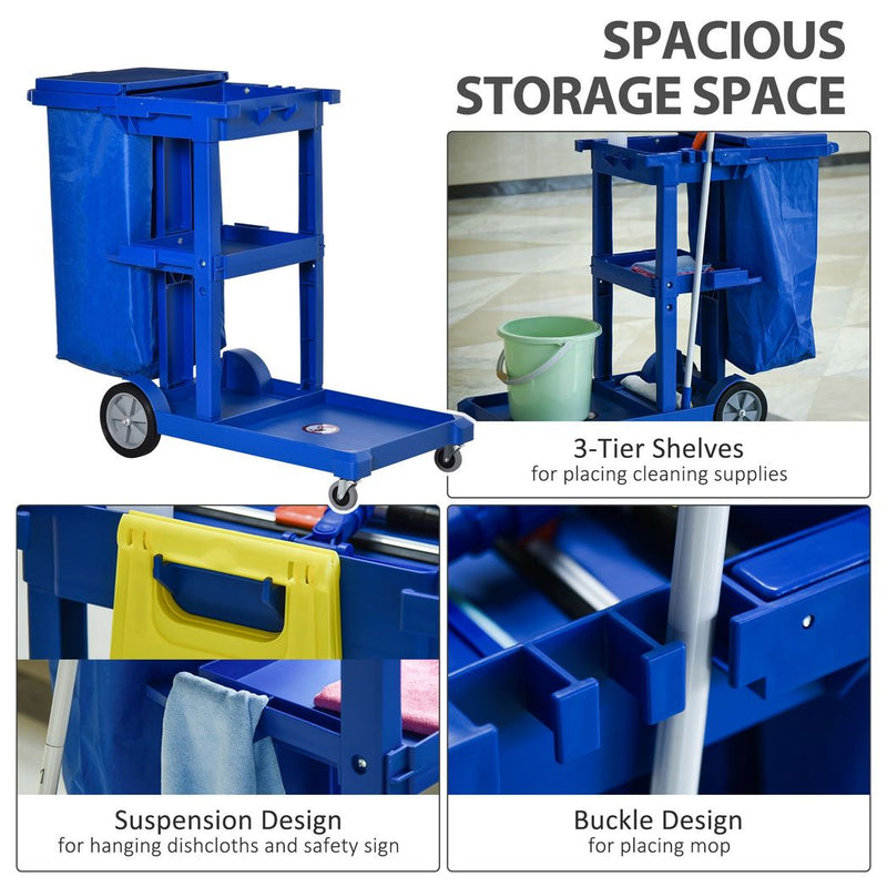 HOMCOM Cleaning Cart On Wheels, Housekeeping Trolley w/ 3 Tier Shelves, Blue