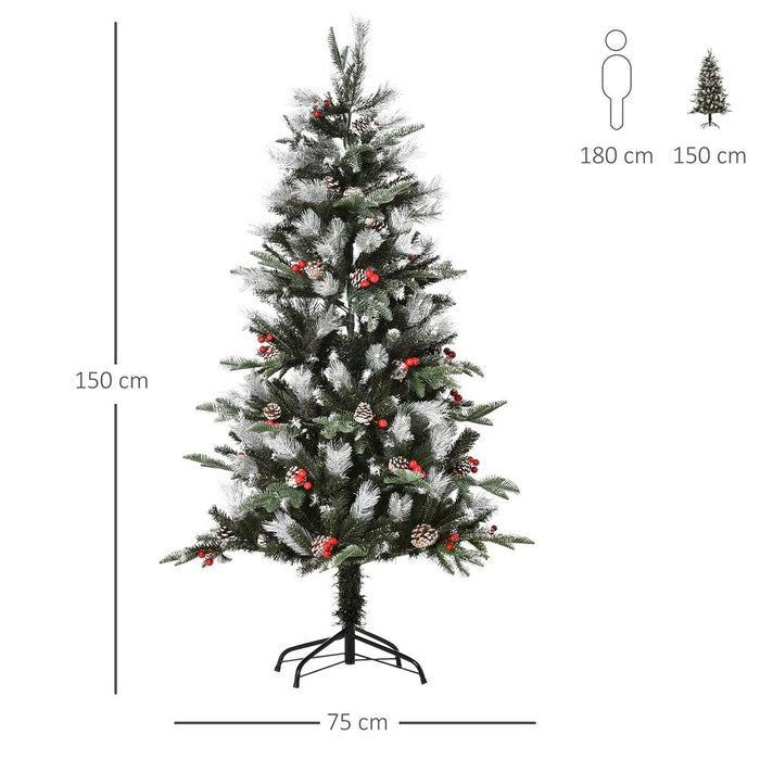 5FT Artificial SnowDipped Christmas Tree Foldable Berries White Pinecones Green