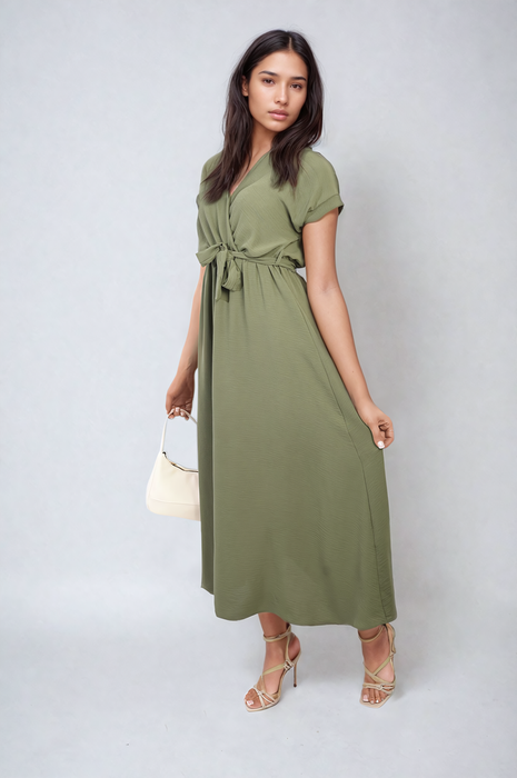 Francesca Wrap Tie Waist Short Sleeve Midi Dress