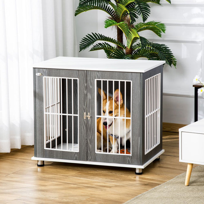 PawHut Dog Crate Wooden Pet Kennel Cage End Table w/Lockable Door for Small Medium Dog Grey & White 85 x 55 x 75 cm