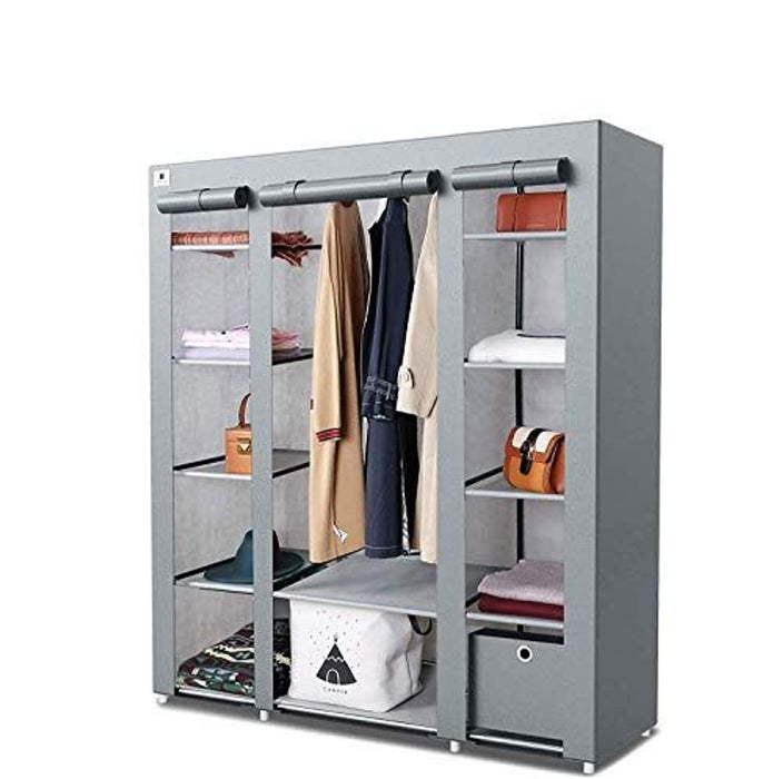 Knight Triple Canvas Portable Large Free Standing Wardrobe Shelving Clothes Storage with Hanging Rail and Cubic Drawer (1pc Included) - L 150cm x W 45cm x H 175cm - Grey