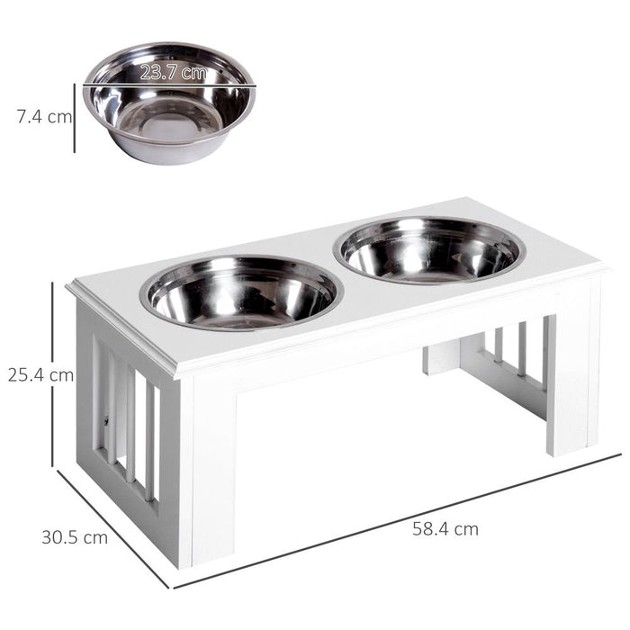 PawHut Stainless Steel Raised Dog Feeding Bowls with Stand for Extra Small and Small Dogs Elevated Twin Pet Bowls Water Food Feeder 58L x 31W x 25H cm - White