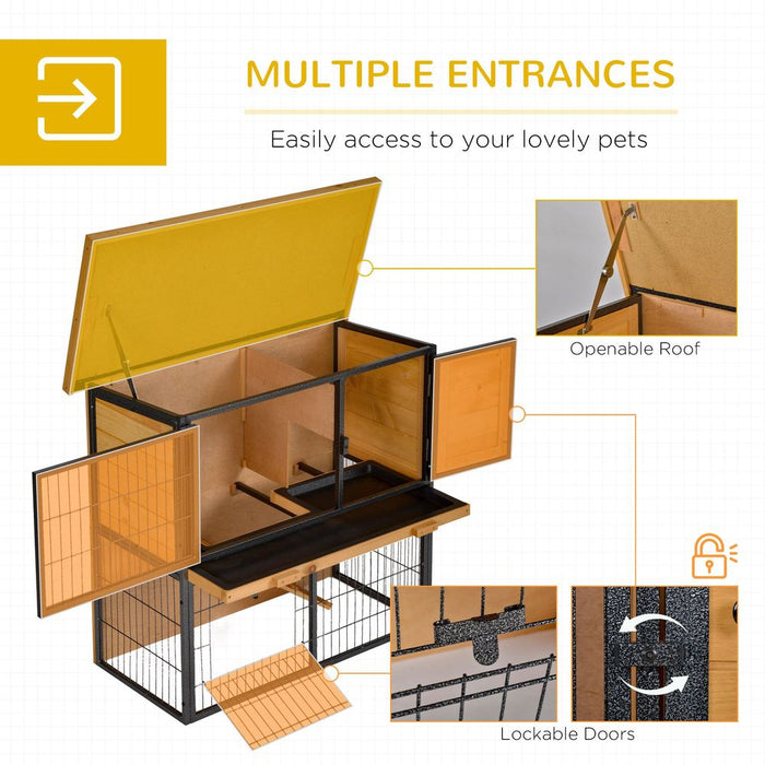 PawHut Wood-metal Rabbit Hutch Guinea Pig Hutch Elevated Pet House Bunny Cage with Slide-Out Tray Openable Roof Outdoor 89.5 x 45 x 81cm Light Yellow